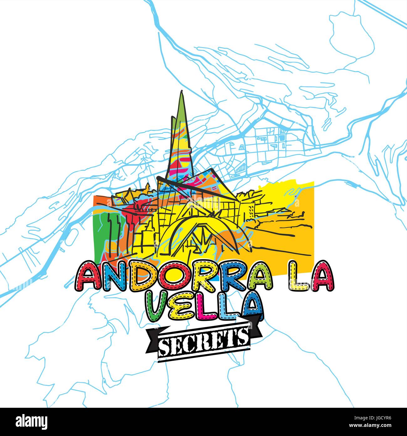 Andorra segreti di viaggio Arte Mappa per la mappatura di esperti e guide di viaggio. Città fatti a mano il logo, typo di badge e disegnati a mano immagine vettoriale sulla parte superiore sono raggruppati in un Illustrazione Vettoriale