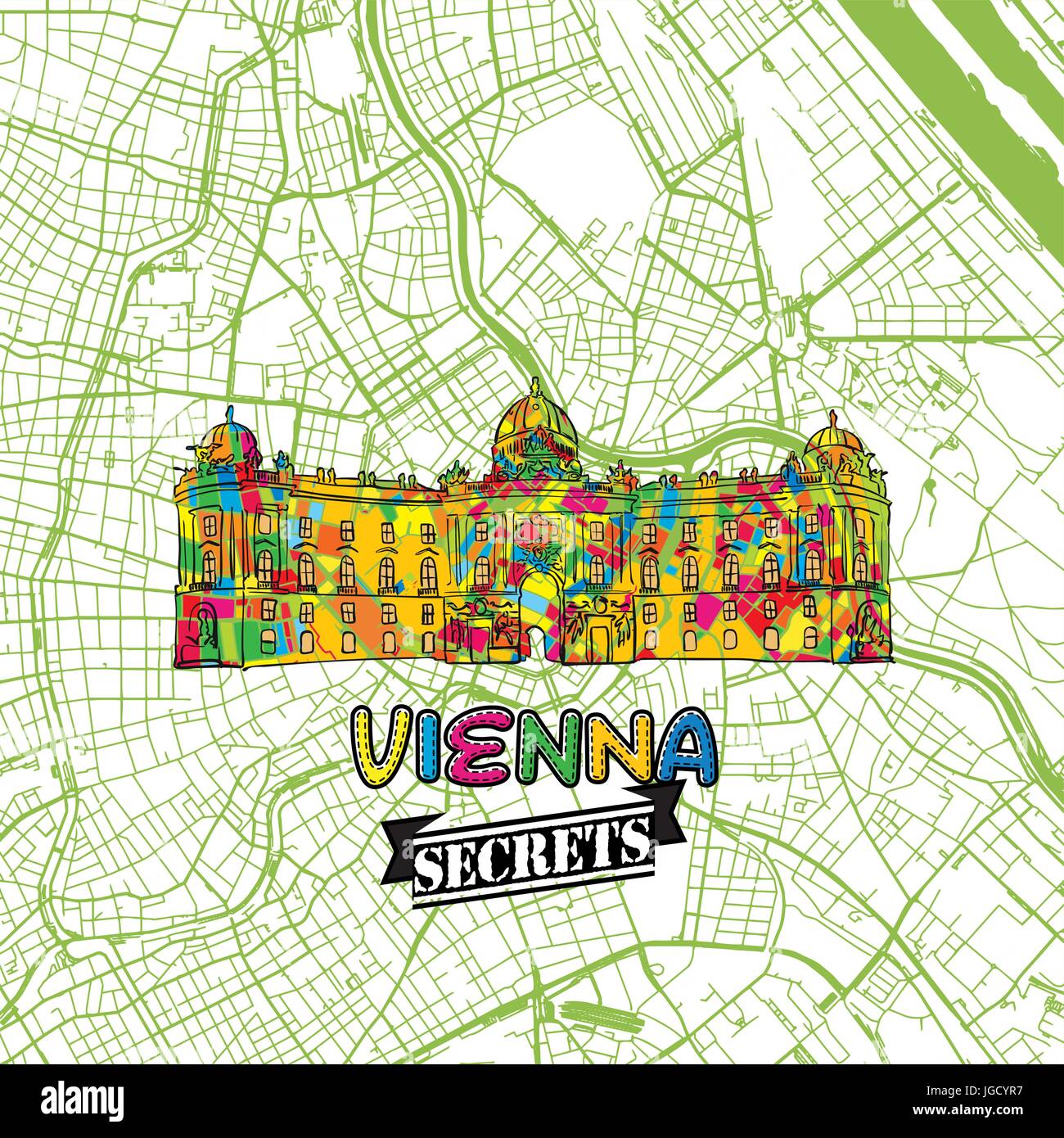 Vienna segreti di viaggio Arte Mappa per la mappatura di esperti e guide di viaggio. Città fatti a mano il logo, typo di badge e disegnati a mano immagine vettoriale sulla parte superiore sono raggruppati e Illustrazione Vettoriale
