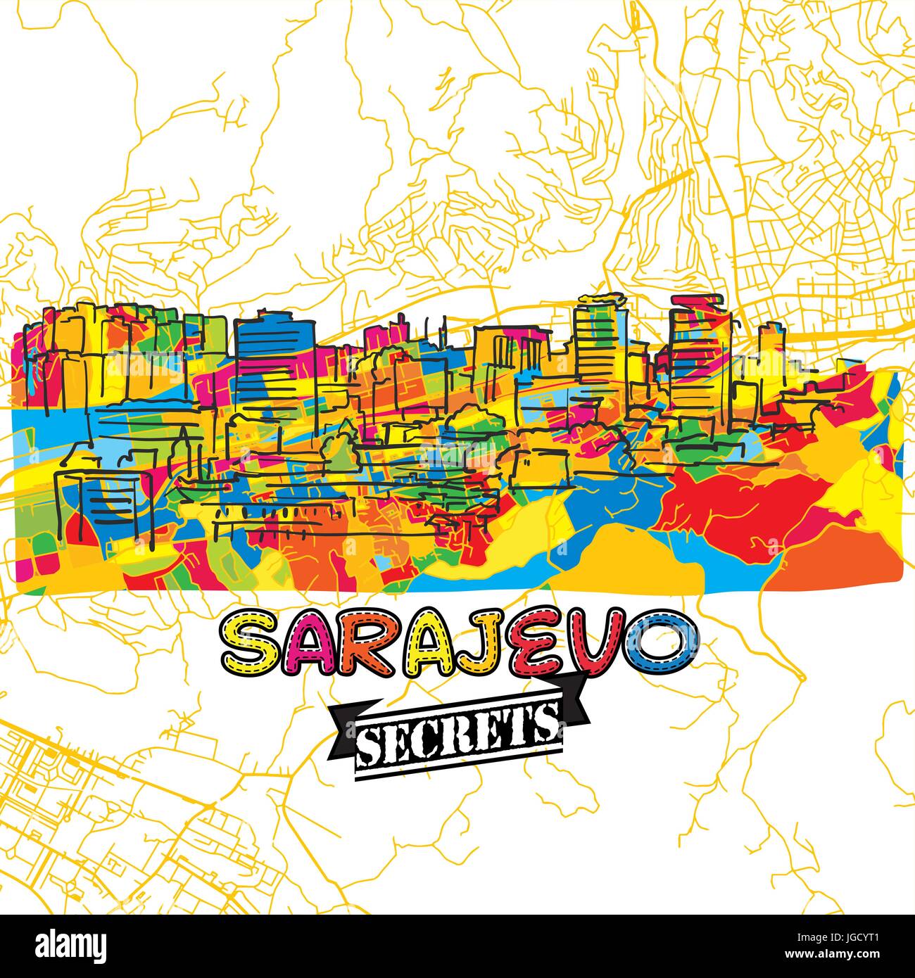 Sarajevo segreti di viaggio Arte Mappa per la mappatura di esperti e guide di viaggio. Città fatti a mano il logo, typo di badge e disegnati a mano immagine vettoriale sulla parte superiore sono raggruppati in un Illustrazione Vettoriale