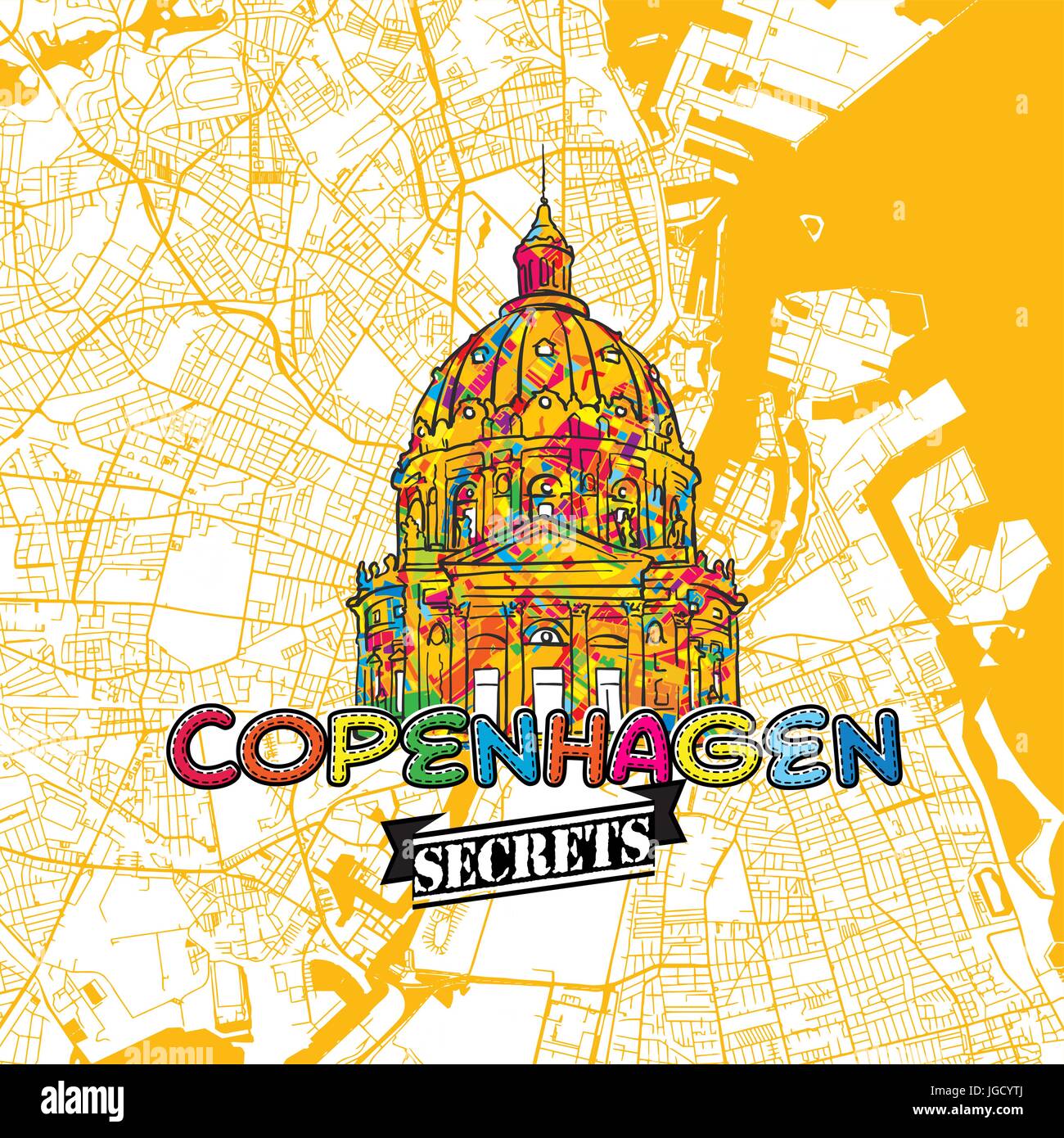 Copenaghen segreti di viaggio Arte Mappa per la mappatura di esperti e guide di viaggio. Città fatti a mano il logo, typo di badge e disegnati a mano immagine vettoriale sulla parte superiore sono raggruppati Illustrazione Vettoriale