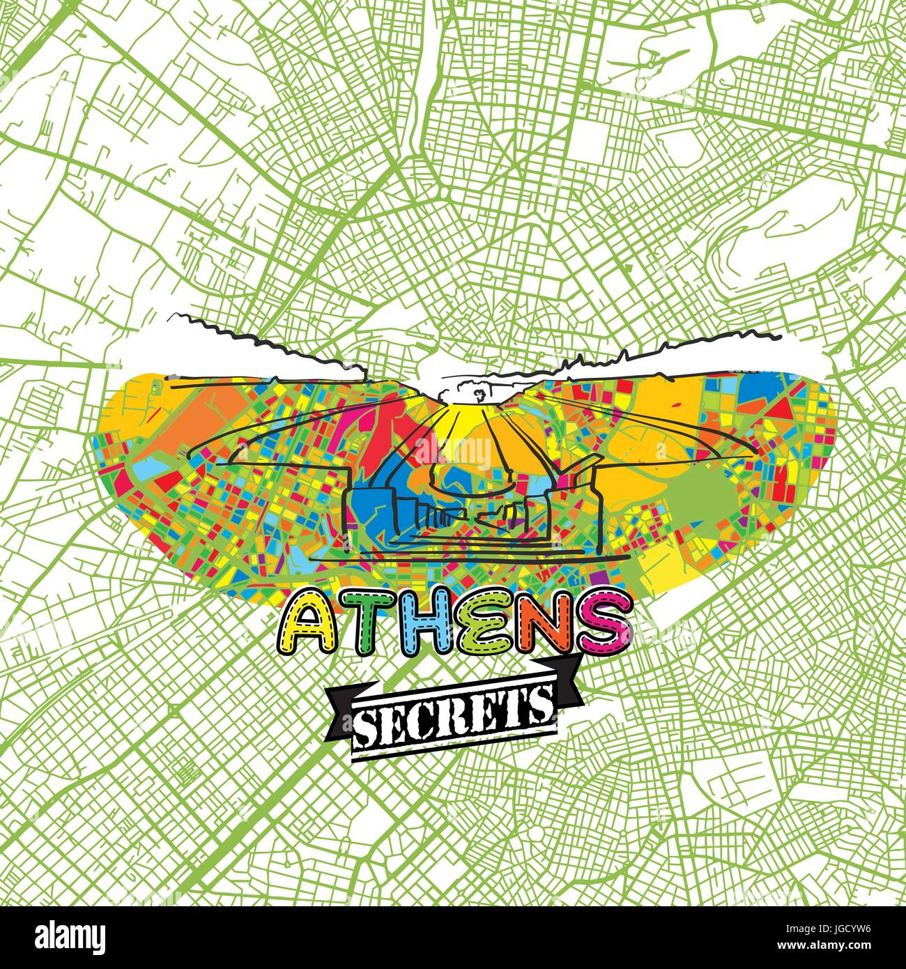 Atene segreti di viaggio Arte Mappa per la mappatura di esperti e guide di viaggio. Città fatti a mano il logo, typo di badge e disegnati a mano immagine vettoriale sulla parte superiore sono raggruppati e Illustrazione Vettoriale