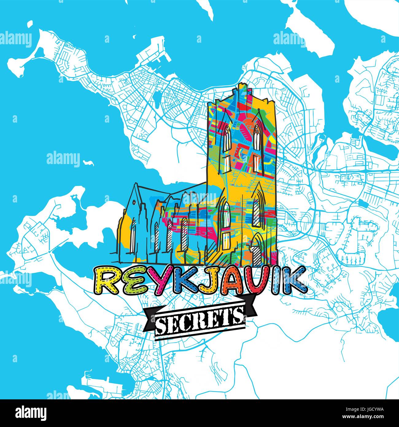 Reykjavik segreti di viaggio Arte Mappa per la mappatura di esperti e guide di viaggio. Città fatti a mano il logo, typo di badge e disegnati a mano immagine vettoriale sulla parte superiore sono raggruppati Illustrazione Vettoriale