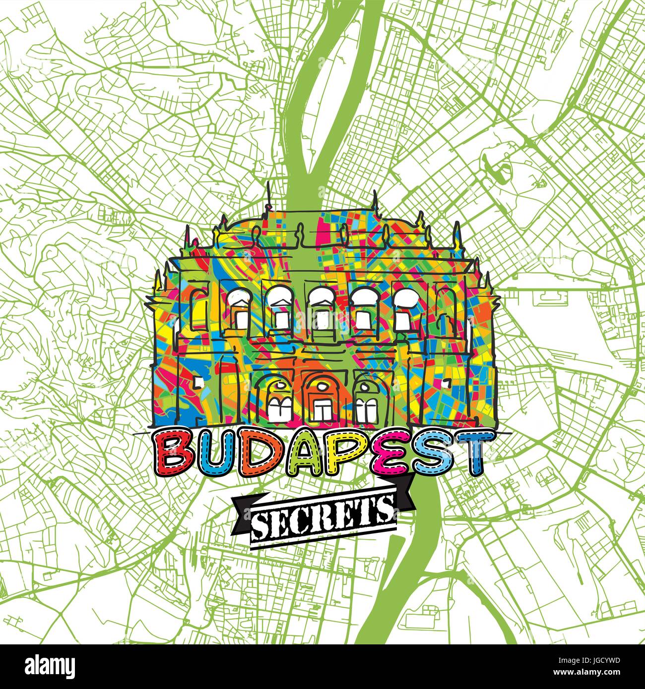 Budapest i segreti di viaggio Arte Mappa per la mappatura di esperti e guide di viaggio. Città fatti a mano il logo, typo di badge e disegnati a mano immagine vettoriale sulla parte superiore sono raggruppati in un Illustrazione Vettoriale