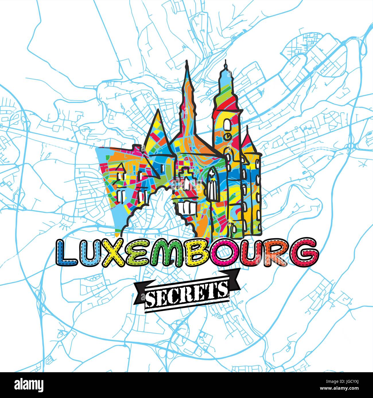 In Lussemburgo i segreti di viaggio Arte Mappa per la mappatura di esperti e guide di viaggio. Città fatti a mano il logo, typo di badge e disegnati a mano immagine vettoriale sulla parte superiore sono raggruppati Illustrazione Vettoriale
