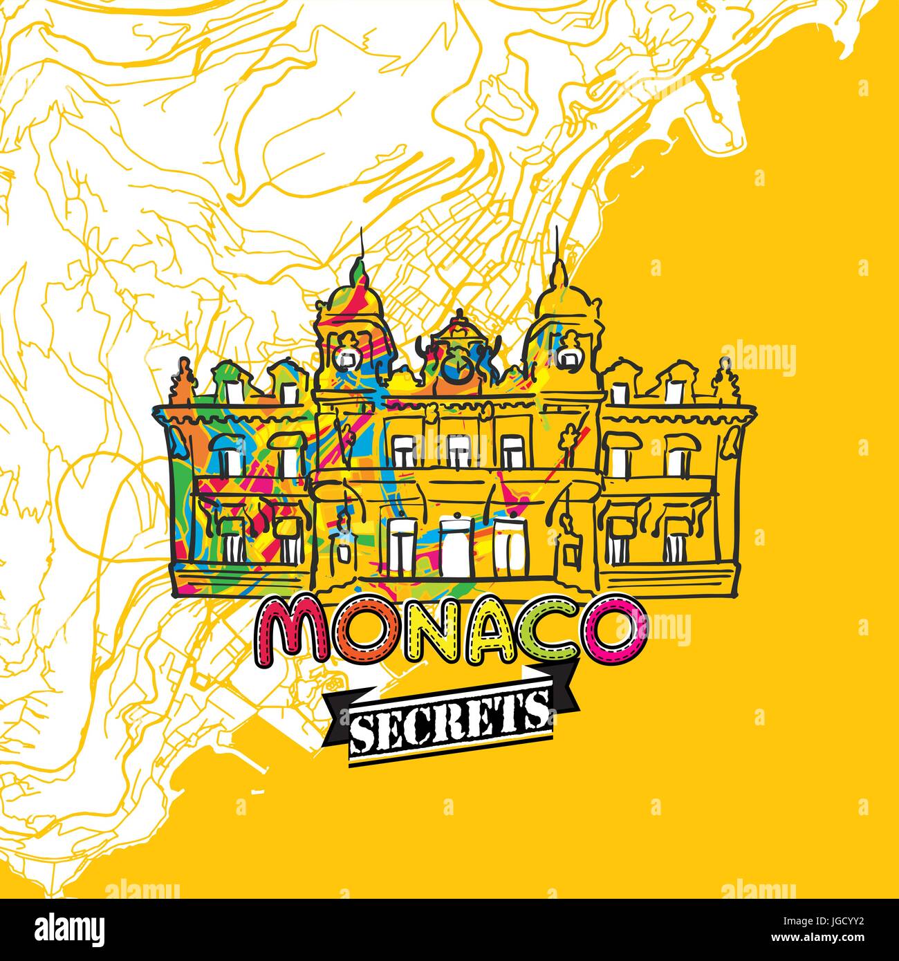 Monaco segreti di viaggio Arte Mappa per la mappatura di esperti e guide di viaggio. Città fatti a mano il logo, typo di badge e disegnati a mano immagine vettoriale sulla parte superiore sono raggruppati e Illustrazione Vettoriale