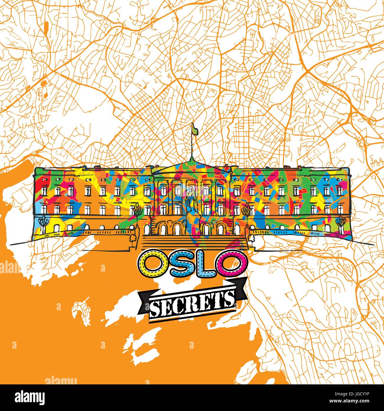 Oslo segreti di viaggio Arte Mappa per la mappatura di esperti e guide di viaggio. Città fatti a mano il logo, typo di badge e disegnati a mano immagine vettoriale sulla parte superiore sono raggruppati e m Illustrazione Vettoriale
