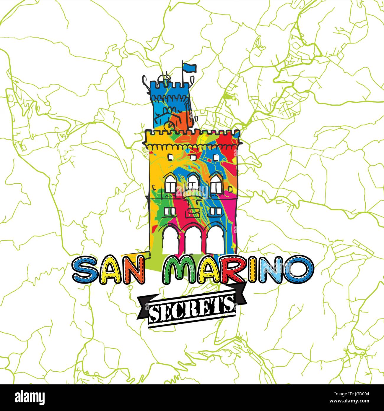 San Marino i segreti di viaggio Arte Mappa per la mappatura di esperti e guide di viaggio. Città fatti a mano il logo, typo di badge e disegnati a mano immagine vettoriale sulla parte superiore sono raggruppati Illustrazione Vettoriale