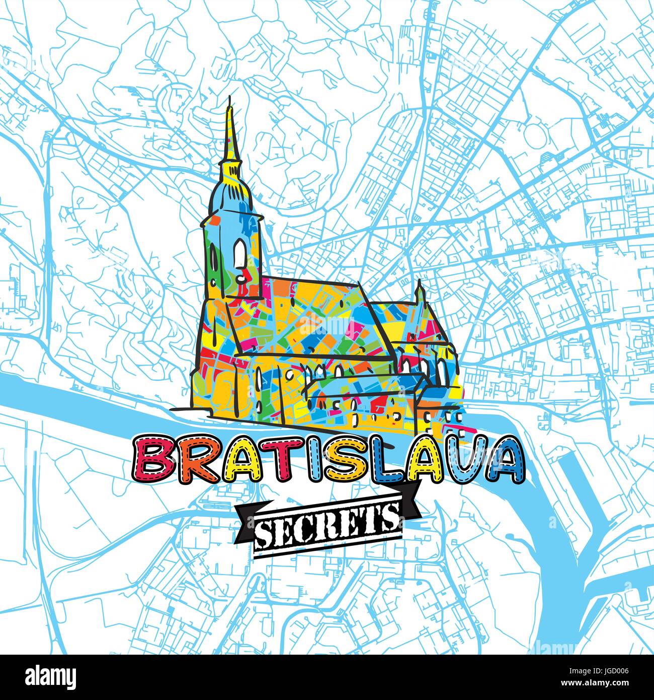 Bratislava segreti di viaggio arte mappa per la mappatura di esperti e guide di viaggi. fatti a mano il logo della città, typo di badge e disegnati a mano immagine vettoriale sulla parte superiore sono raggruppati Illustrazione Vettoriale