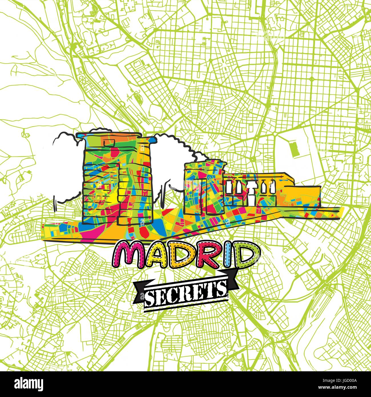 Madrid segreti di viaggio Arte Mappa per la mappatura di esperti e guide di viaggio. Città fatti a mano il logo, typo di badge e disegnati a mano immagine vettoriale sulla parte superiore sono raggruppati e Illustrazione Vettoriale