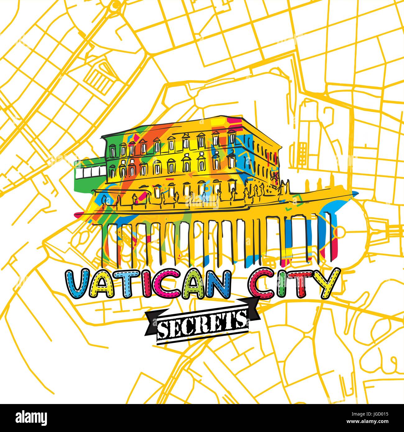 Vaticano i segreti di viaggio Arte Mappa per la mappatura di esperti e guide di viaggio. Città fatti a mano il logo, typo di badge e disegnati a mano immagine vettoriale sulla parte superiore sono raggruppati in un Illustrazione Vettoriale