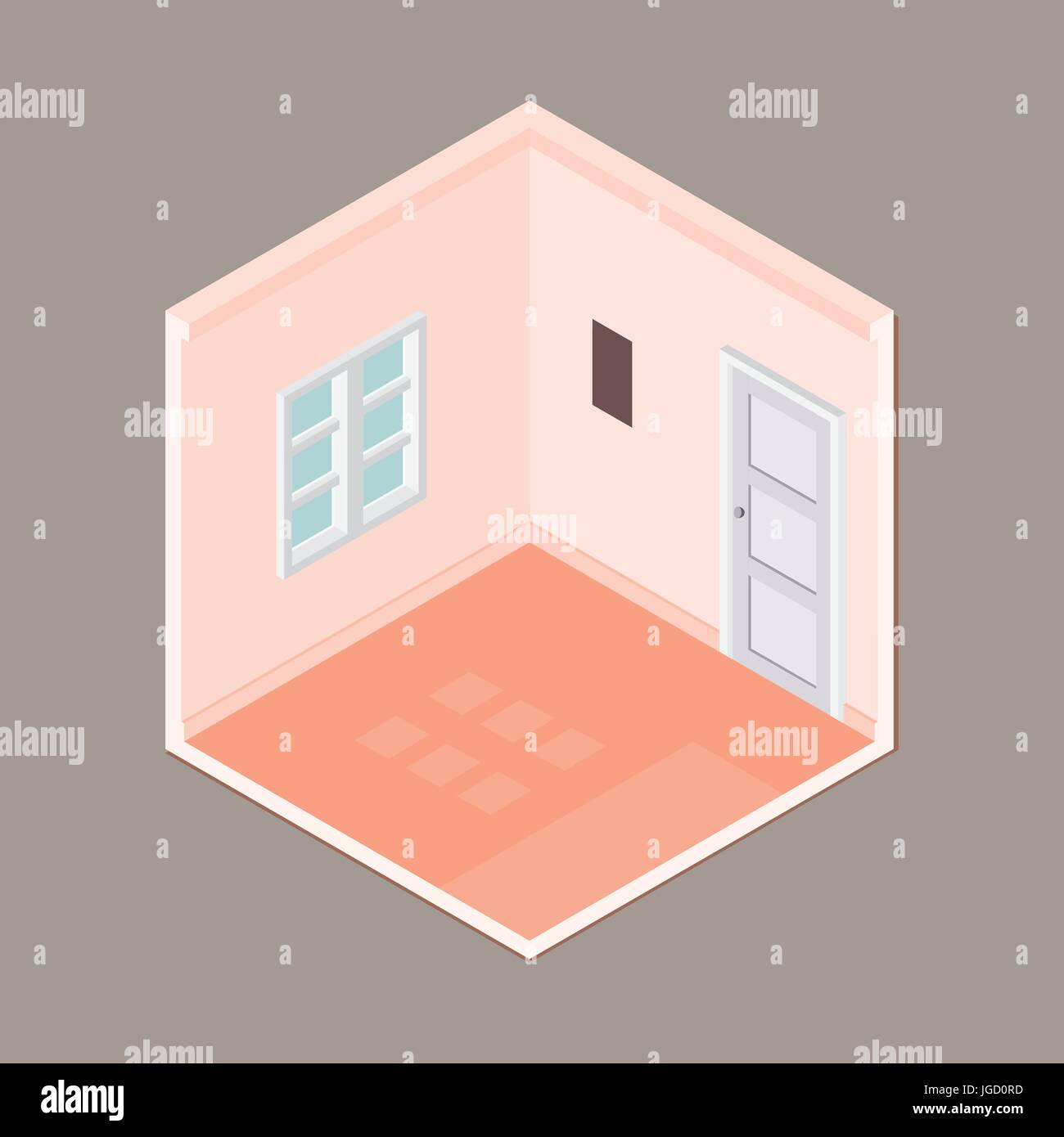 Appartamento 3D isometrica stanza vuota con porta e finestra, isometrica camera interna per il modello di grafica - 3D illustrazione vettoriale. Illustrazione Vettoriale