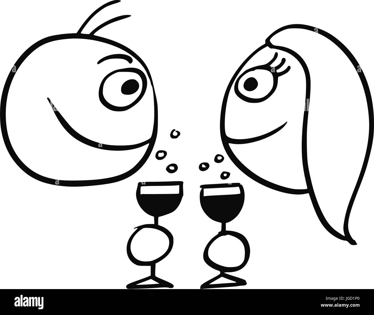 Vettore di cartoon di un uomo e di una donna, un bicchiere di vino o champagne e sorridente ad ogni altro Illustrazione Vettoriale