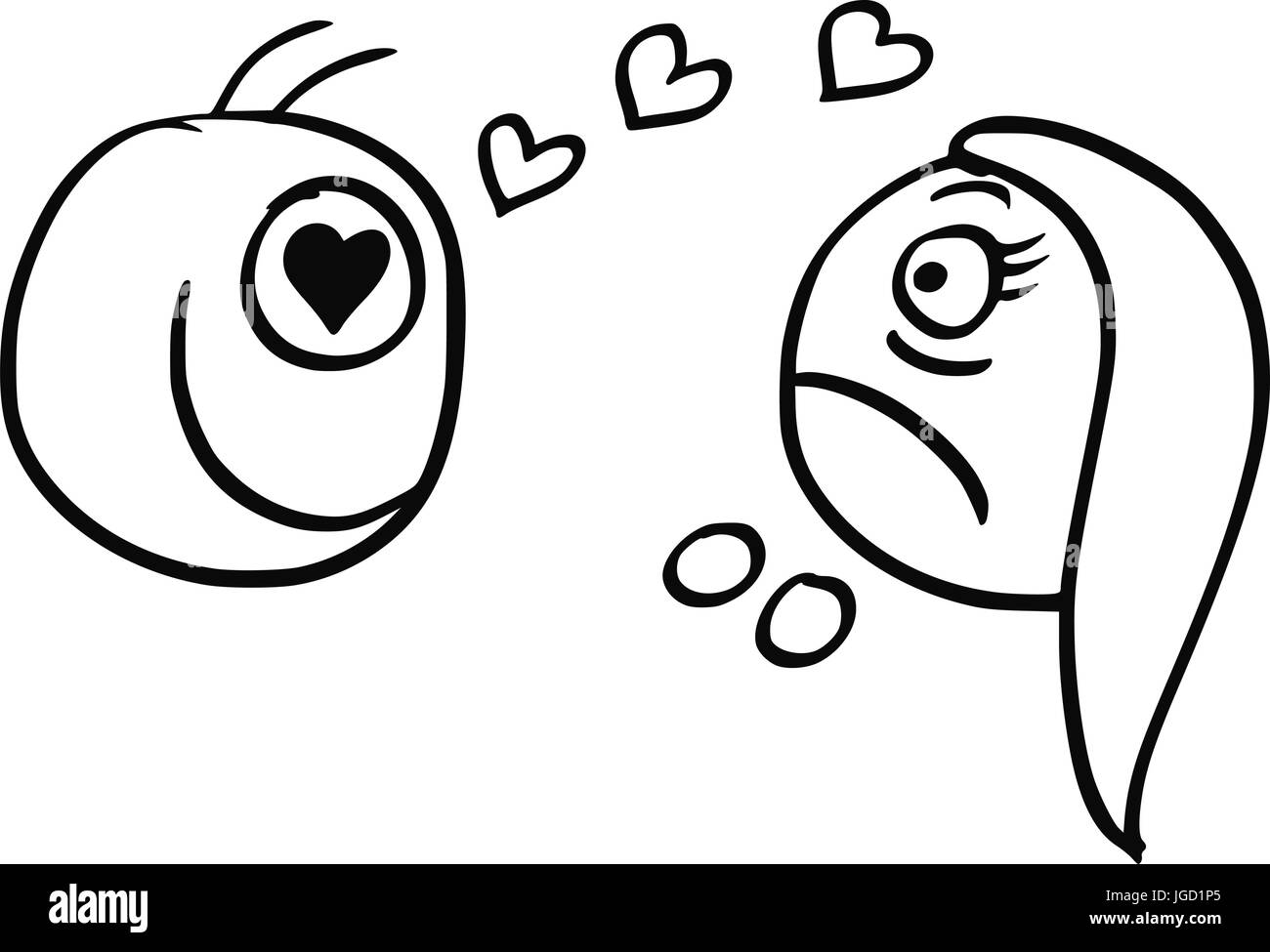 Vettore di cartoon della donna spiacevolmente sorpreso da uomo felice in amore con il simbolo del cuore nei suoi occhi. Illustrazione Vettoriale