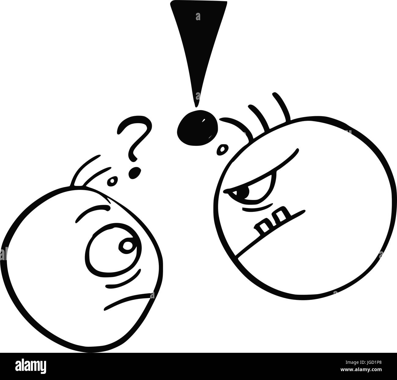 Vettore di cartoon di un piccolo uomo con un punto interrogativo sopra la sua testa threated minacciate dal grande uomo forte con il punto esclamativo sopra la sua testa. Illustrazione Vettoriale