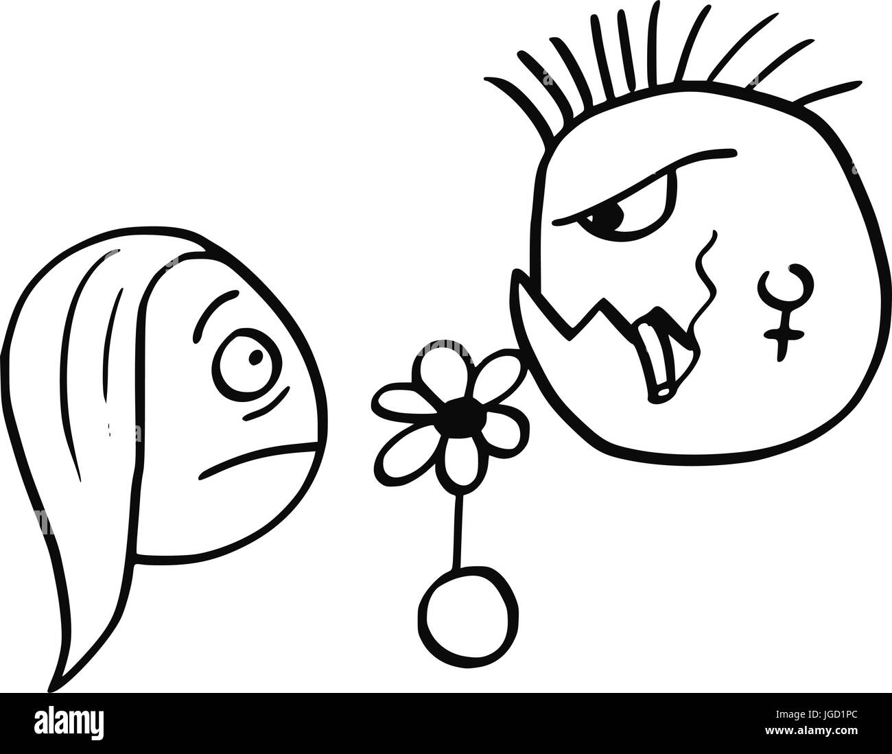 Vettore di cartoon della giovane donna sorpresa in data con brutto pericoloso punk mohawk acconciatura uomo con fiore e il sigaro. Illustrazione Vettoriale