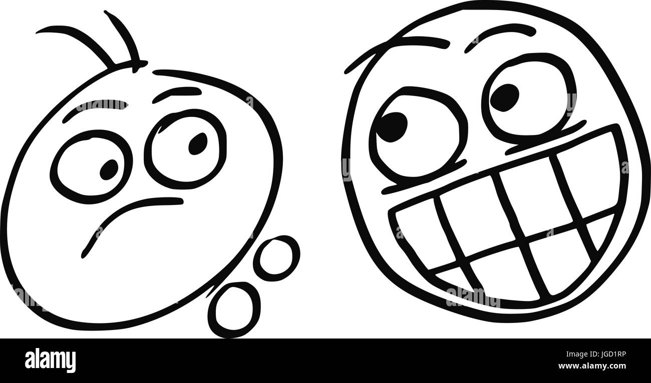Vettore di cartoon di uomo spiacevolmente sorpreso da uomo felice con crazy smile Illustrazione Vettoriale