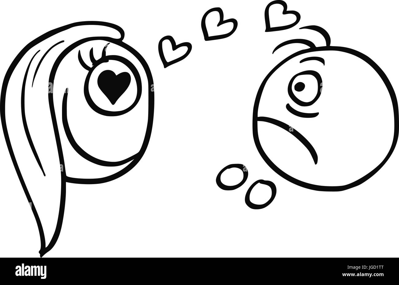 Vettore di cartoon di uomo spiacevolmente sorpreso da donna felice in amore con il simbolo del cuore nei suoi occhi. Illustrazione Vettoriale