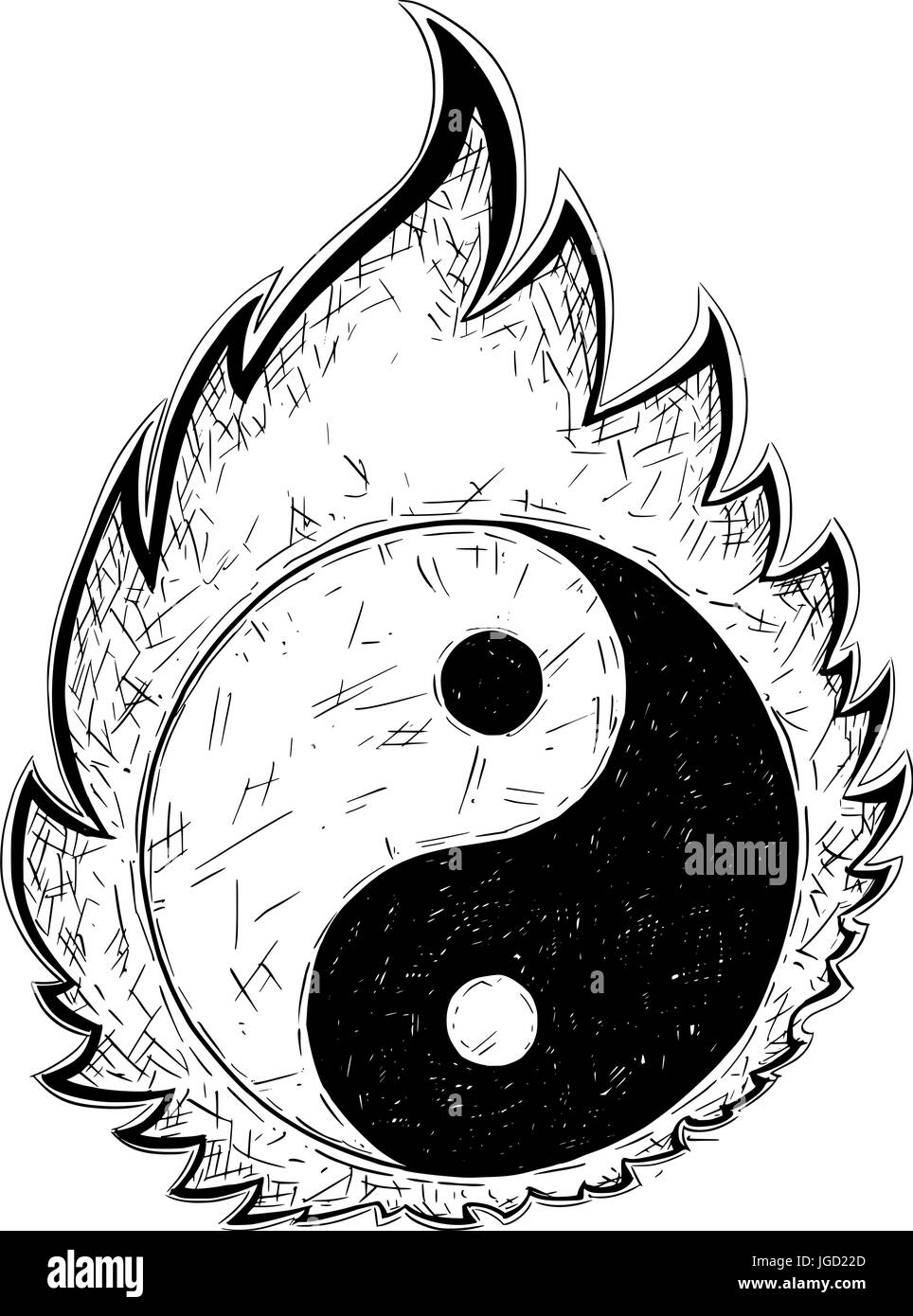 Disegnata a mano vector doodle illustrazione di yin yang jin jang simbolo. Illustrazione Vettoriale