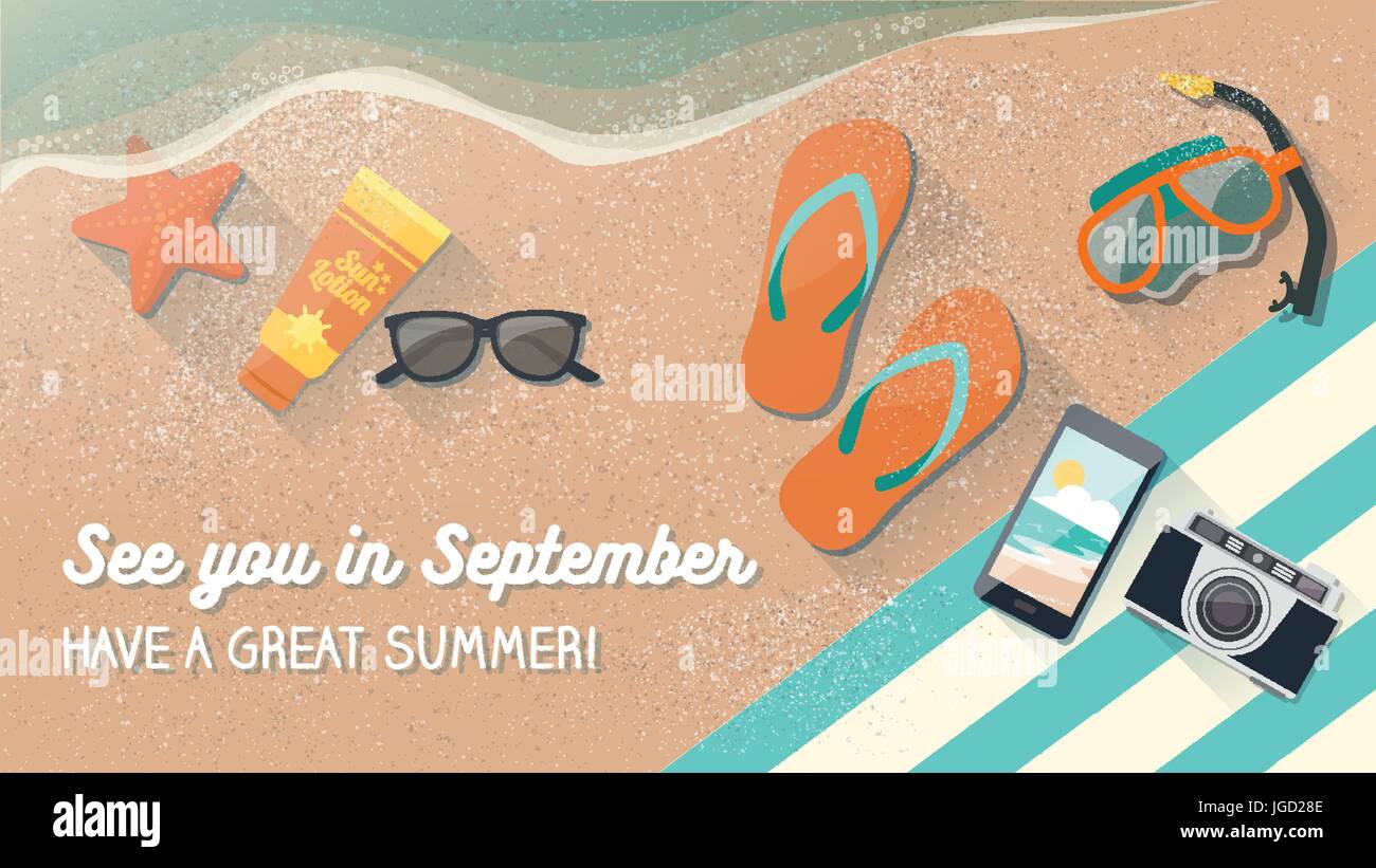 L'uomo godendo le vacanze estive sulla spiaggia accanto all'acqua, con asciugamano, smartphone e snorkeling maschera Illustrazione Vettoriale