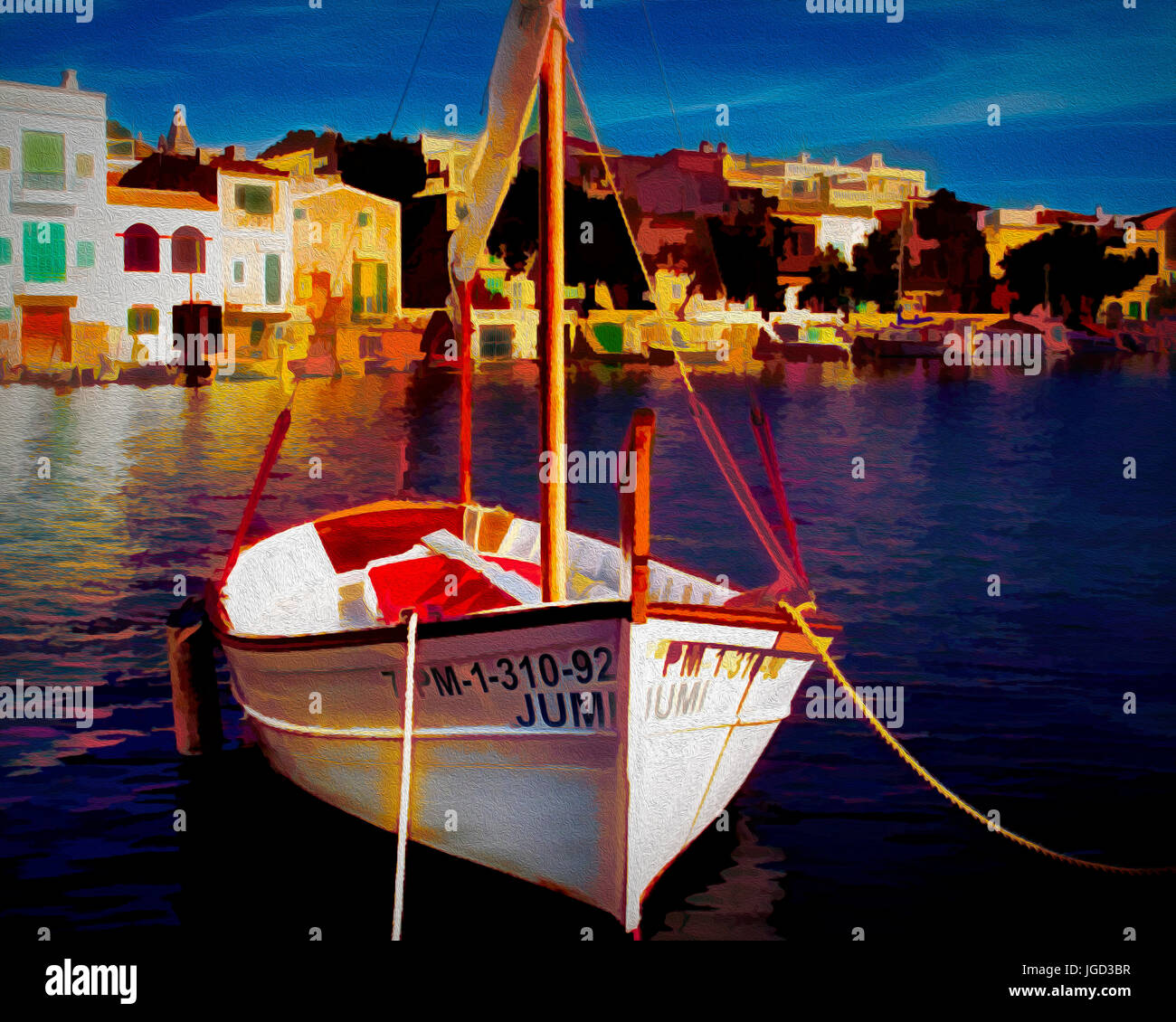 Arte digitale: il vecchio villaggio di pescatori di Porto Colom, Mallorca, Spagna Foto Stock