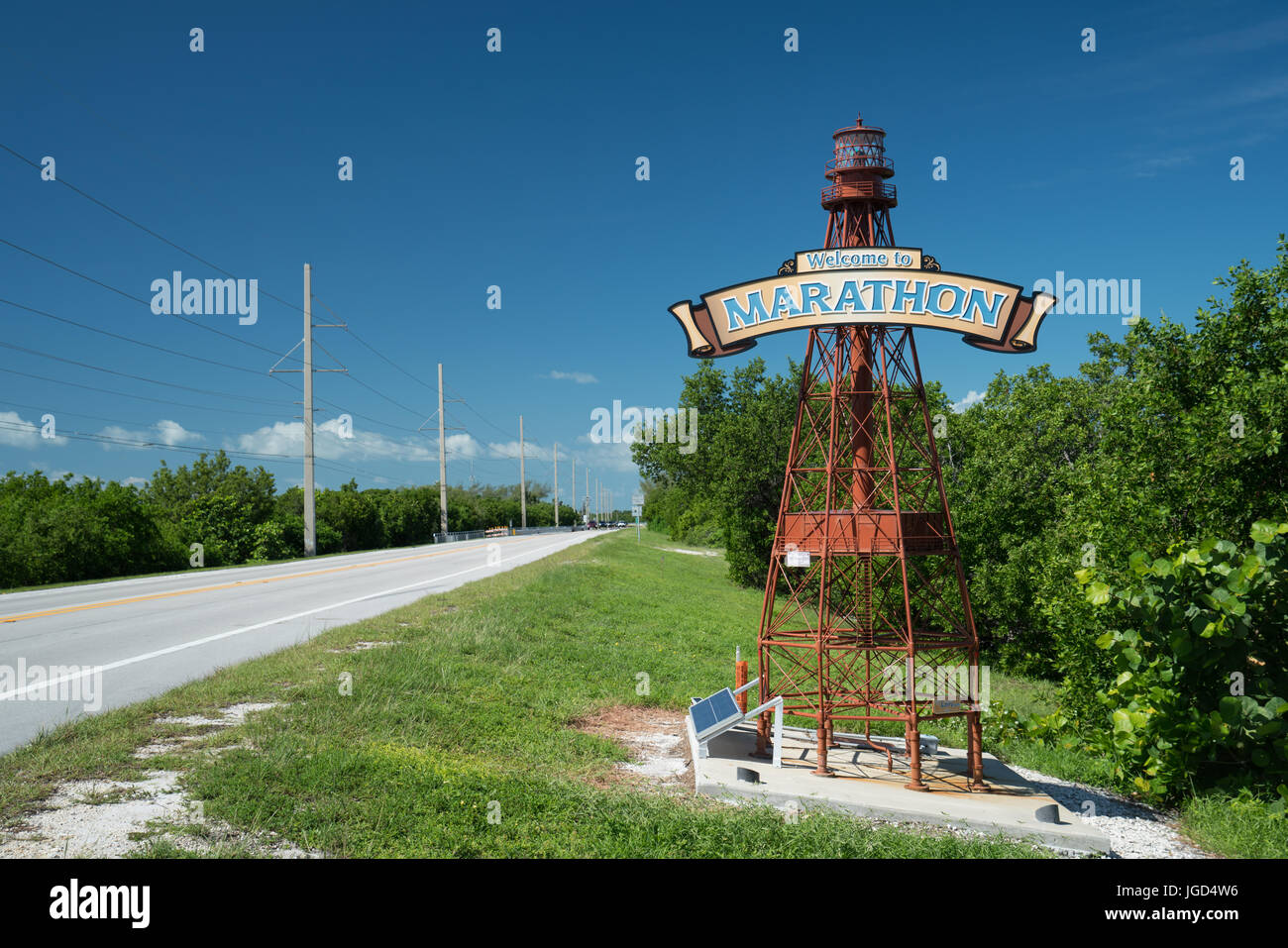 Benvenuti al segno della maratona lungo il percorso 1 lungo la Florida Keys Foto Stock
