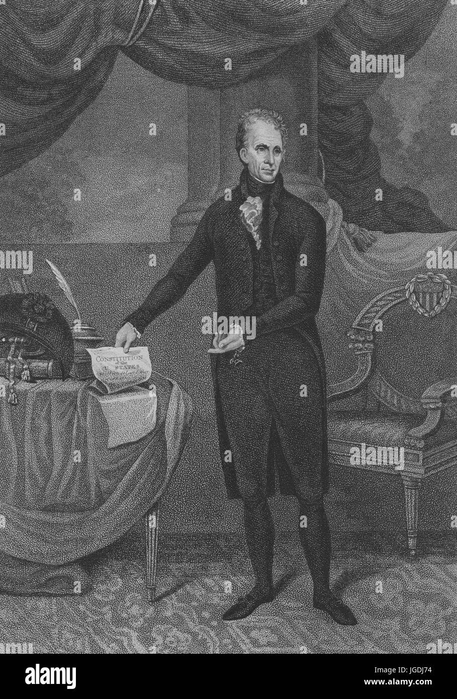 Ritratto inciso di Andrew Jackson, settimo Presidente degli Stati Uniti e fondatore del partito democratico, 1843. Dalla Biblioteca Pubblica di New York. Foto Stock