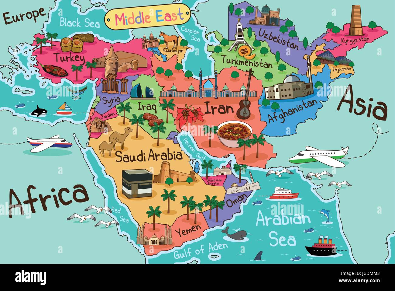 Una illustrazione vettoriale dei paesi del Medio Oriente mappa in stile cartoon Illustrazione Vettoriale