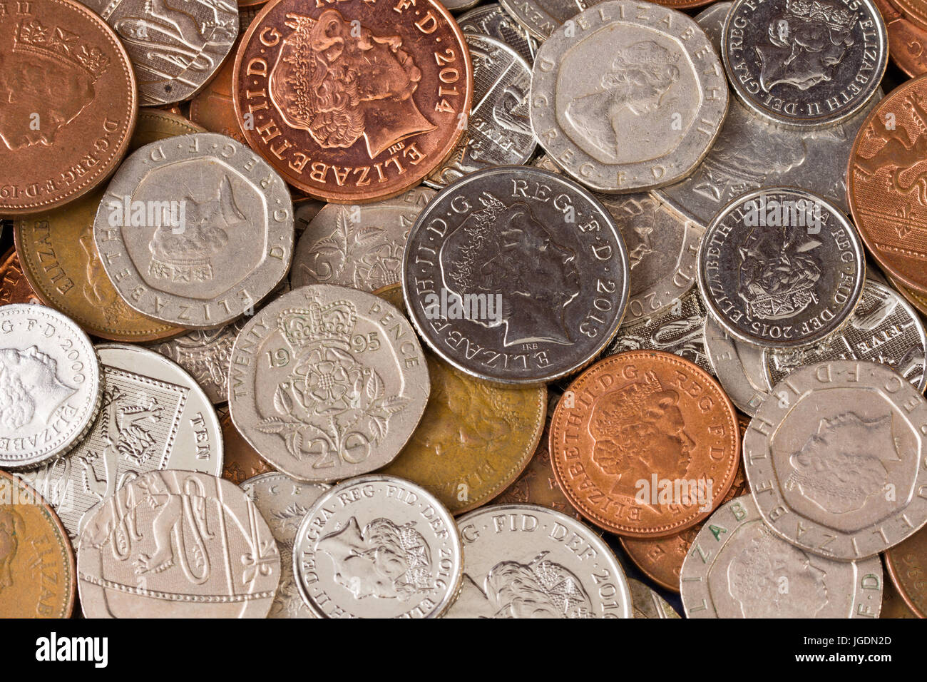 Inglese britannico sterling monete selezione, la valuta britannica Foto Stock