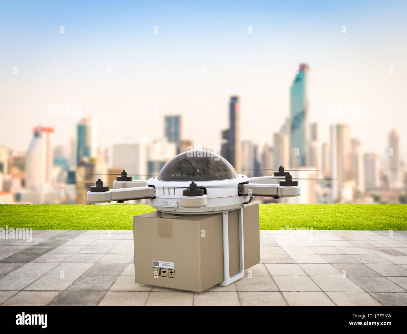 3D rendering consegna drone con scatola di cartone Foto Stock