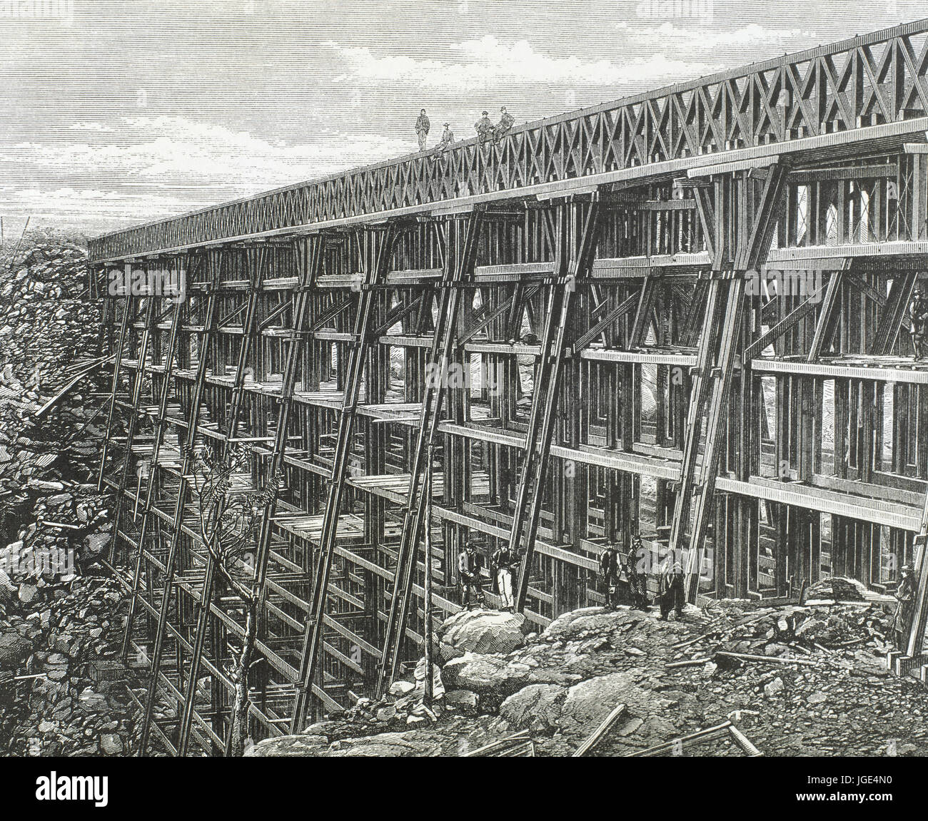 La storia del West americano. Xix secolo. Ponte di Dale Creek, una delle opere più significative della Union Pacific. Incisione in Illustrated London News, 1869. Foto Stock