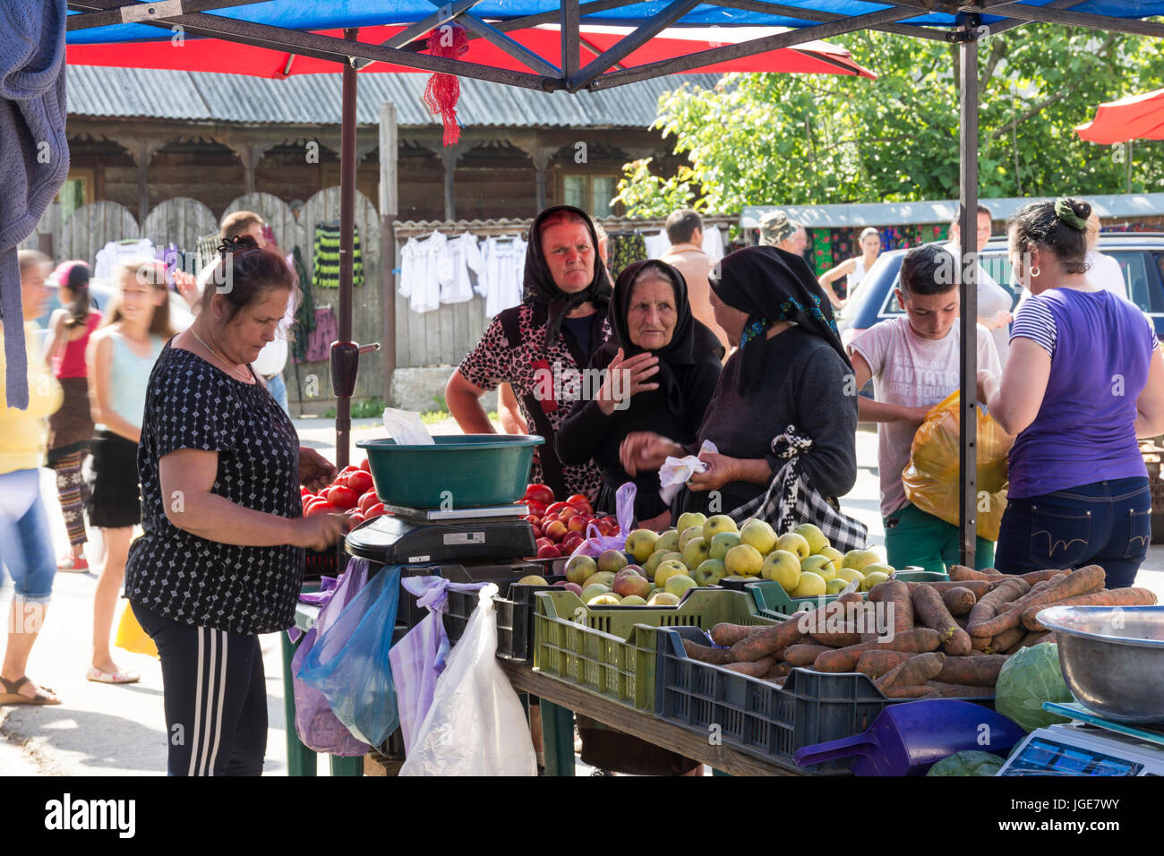 Le donne in una piscina la frutta e la verdura mercato nella regione Maramures, Romania Foto Stock