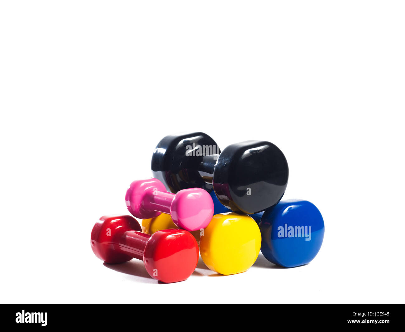 Cinque multi-in metallo colorato manubri isolato su un background in tre righe Foto Stock