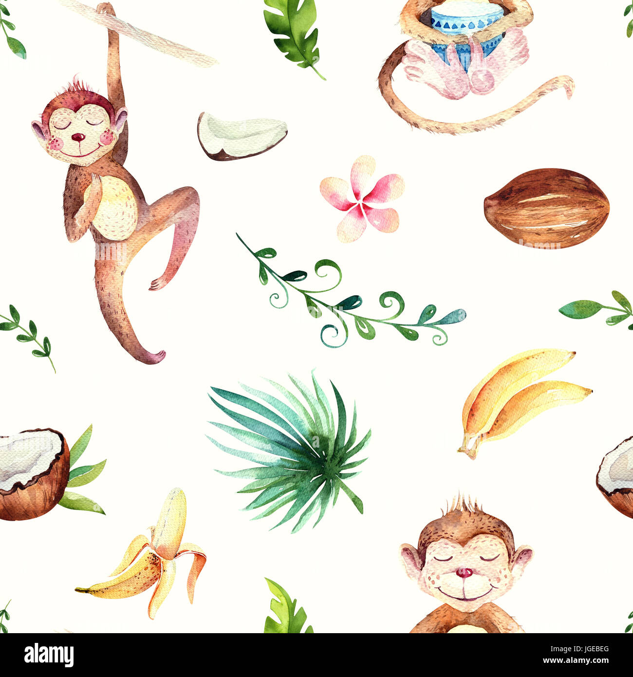 Baby animali isolati di vivaio seamless pattern. Acquerello boho disegno tropicale, bambino disegno tropicale carino scimmia e Palm tree, tropic texture verde,fiori esotici. Aloha backgraund Foto Stock