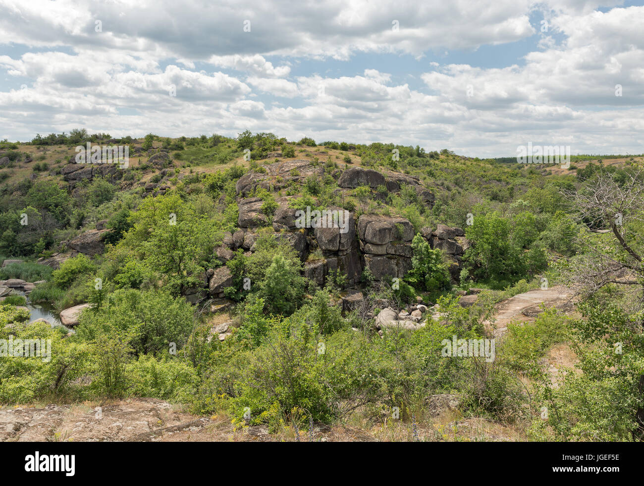 Canyon Arbuzynka paesaggio con fiume e grandi pietre lisce, Ucraina. Foto Stock