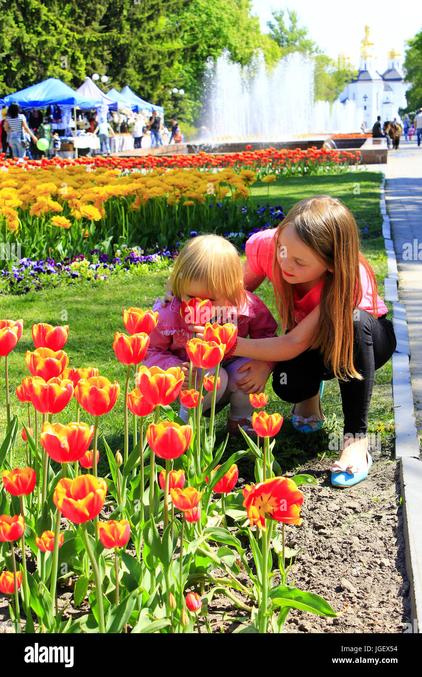 La sorella insegna il giovane di odore tulipani sulla città aiuola. Bambini odore tulip su una città aiuola Foto Stock