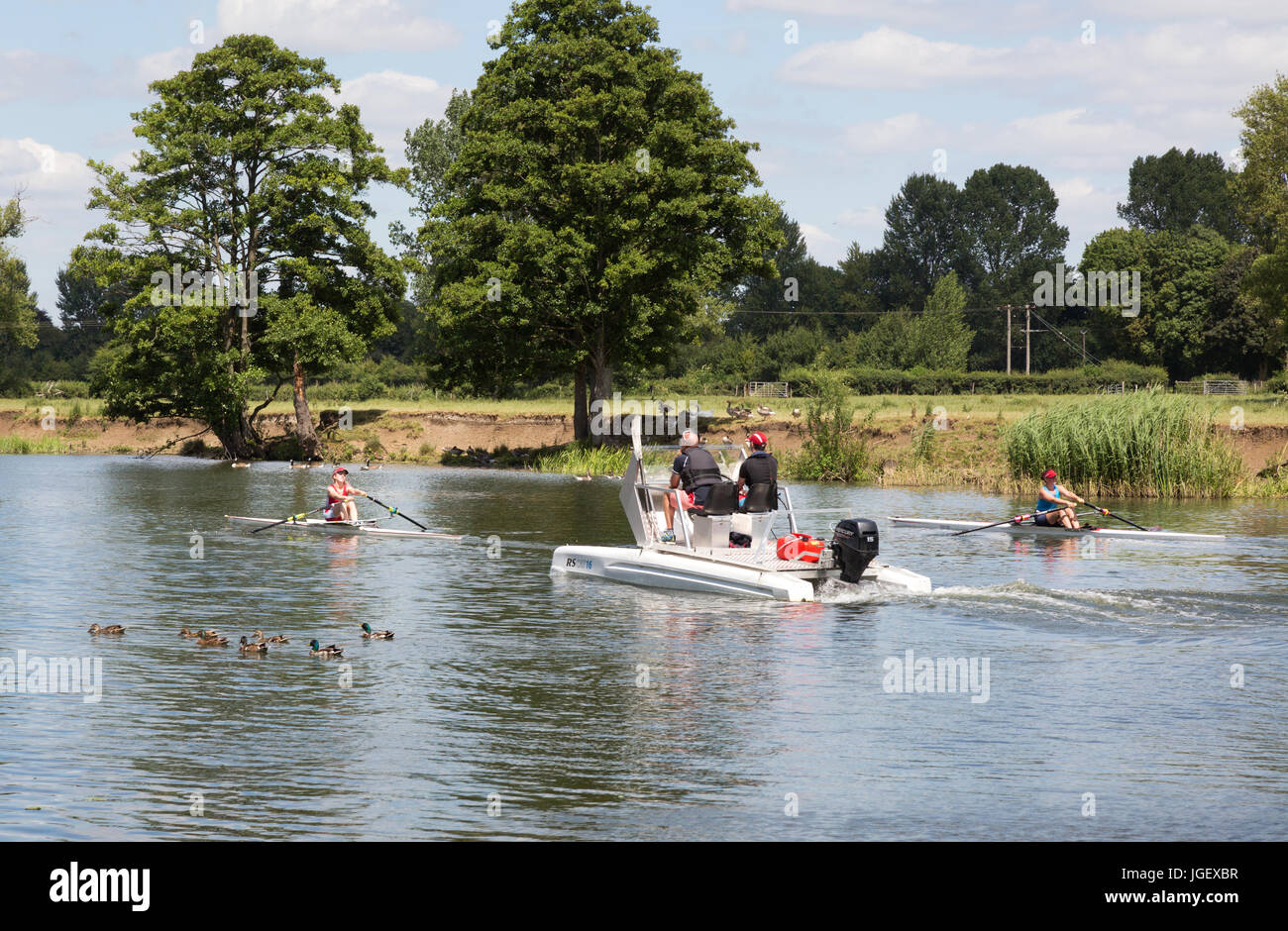 Insegnamento di canottaggio sul fiume Tamigi a Wallingford, Oxfordshire, Regno Unito Foto Stock