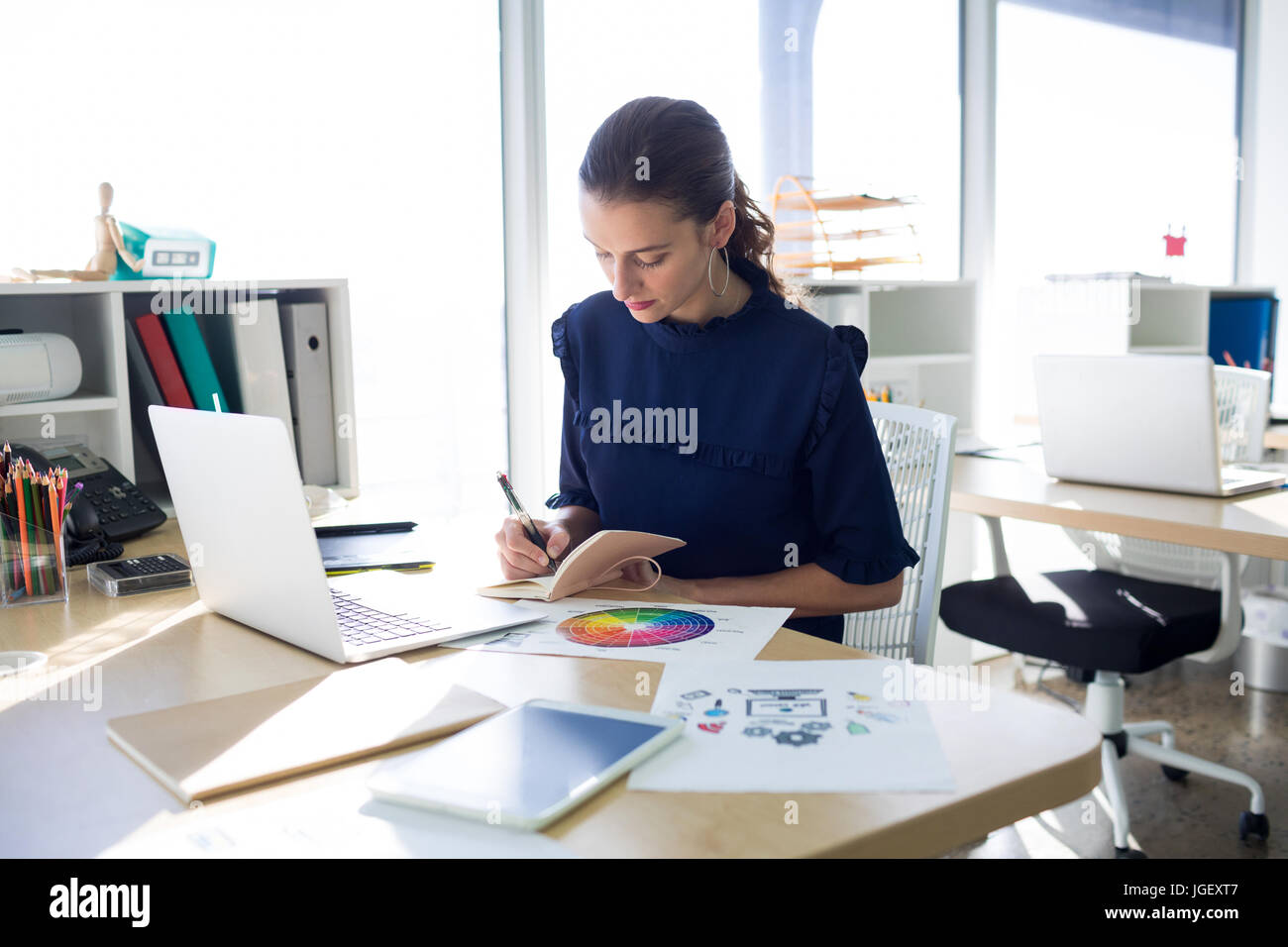 Executive femmina iscritto nel diario alla sua scrivania in ufficio Foto Stock