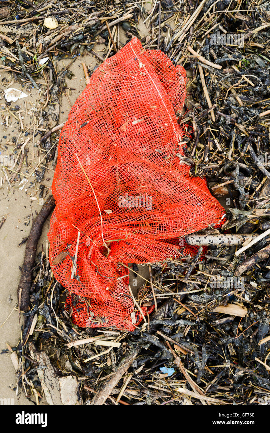 I detriti e i detriti lasciati sulla spiaggia di gallese a seguito di forti venti e condizioni climatiche severe. Regno Unito. Foto Stock