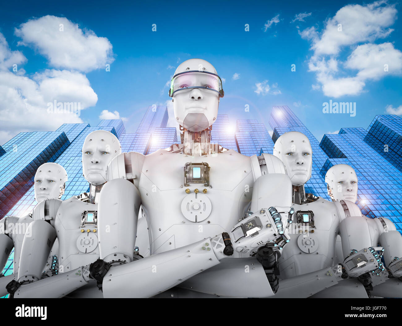 3D rendering robot androide leader con il team Foto Stock