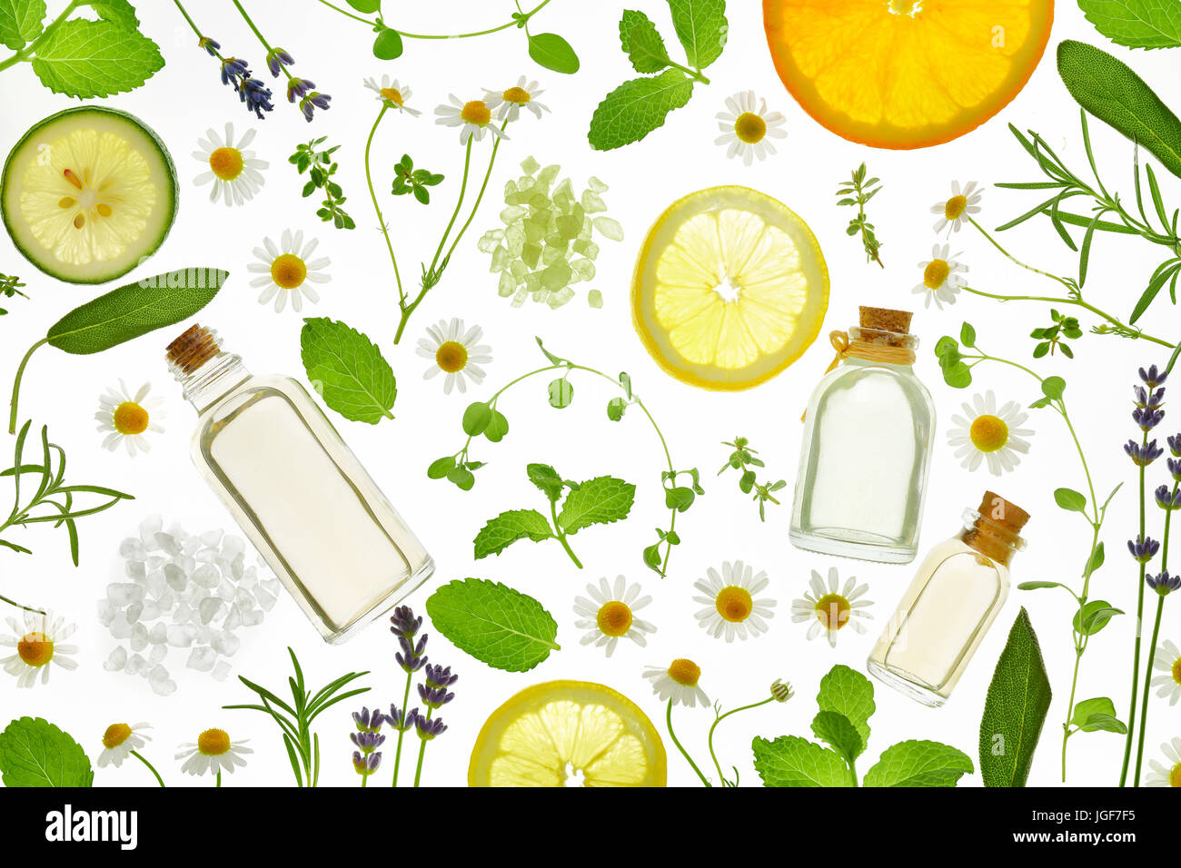 Erbe aromatiche fresche, frutta e olio essenziale su sfondo bianco Foto Stock