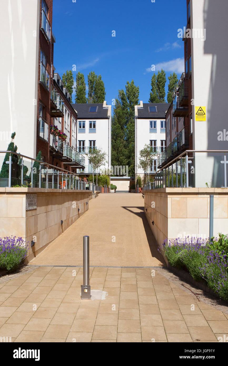 Case moderne sul nuovo sito di sviluppo a Hungate nella storica città di York sotto un cielo di estate blu Foto Stock