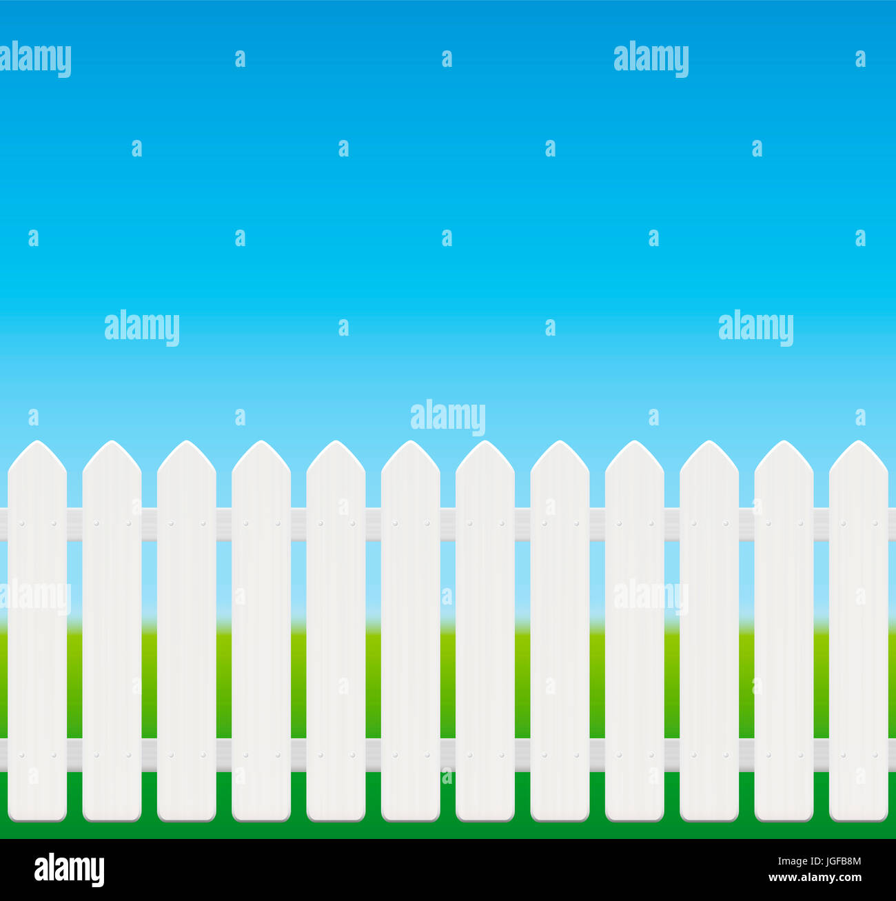 White Picket Fence, lo stile comico, texture di legno - seamless espandibile - illustrazione sul verde al blu cielo gradiente. Foto Stock