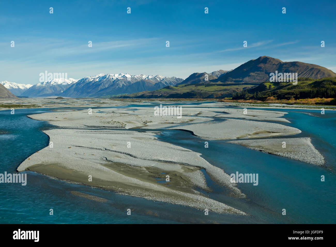 Flussi intrecciato del fiume Rakaia, Canterbury, Isola del Sud, Nuova Zelanda Foto Stock