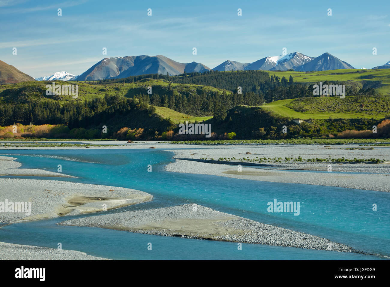 Flussi intrecciato del fiume Rakaia, Canterbury, Isola del Sud, Nuova Zelanda Foto Stock
