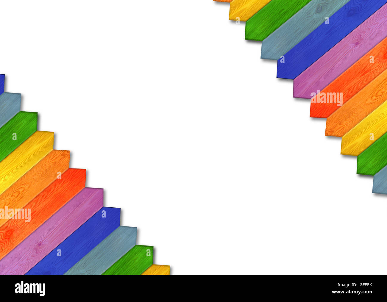 Jolly infantile recinzione multicolore isolato su uno sfondo bianco. Multicolore di recinzione di legno dai colori dell'arcobaleno. Modello in legno negli angoli. E Foto Stock