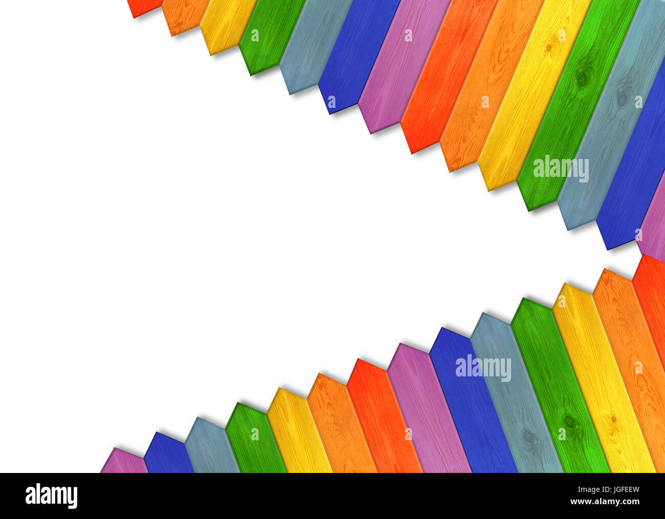 Recinzione multicolore isolato su uno sfondo bianco. Multicolore di recinzione di legno dai colori dell'arcobaleno. Modello in legno negli angoli. Luogo vuoto per Foto Stock