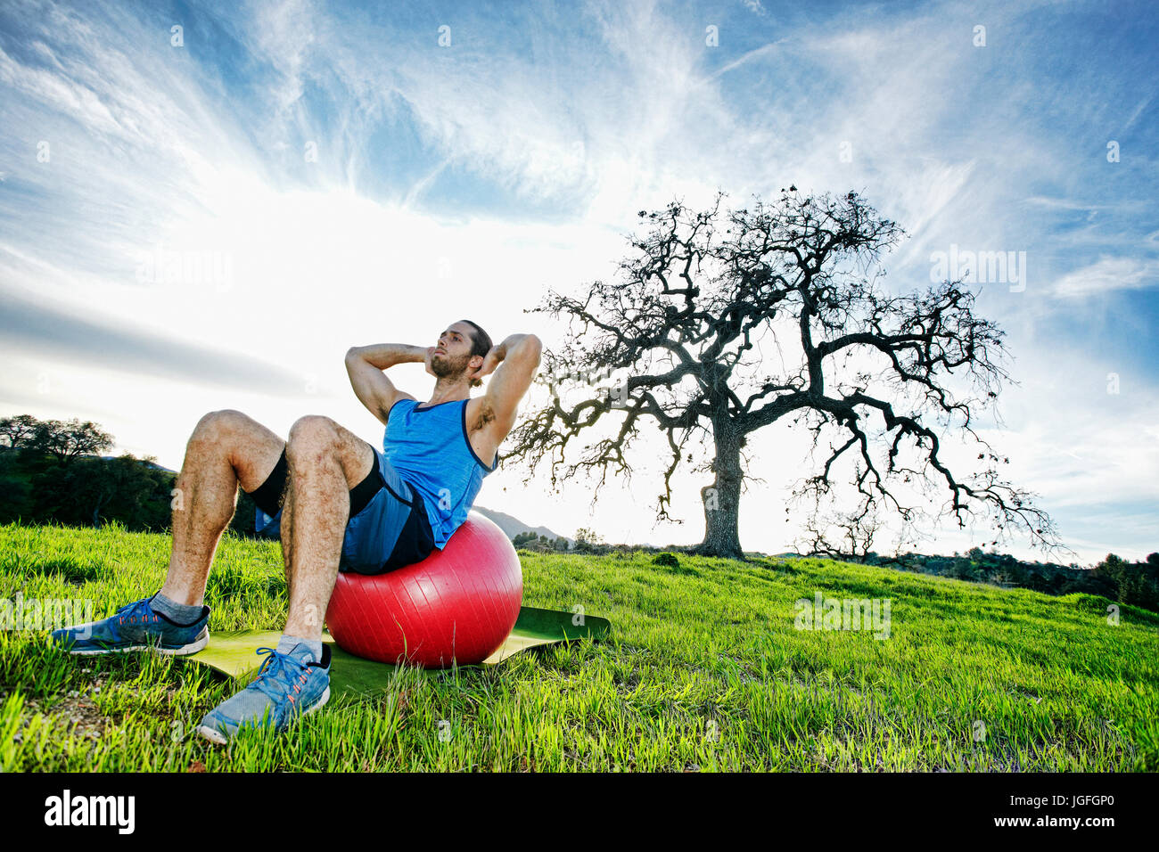 Uomo caucasico facendo sit ups sulla sfera di fitness in campo vicino ad albero Foto Stock