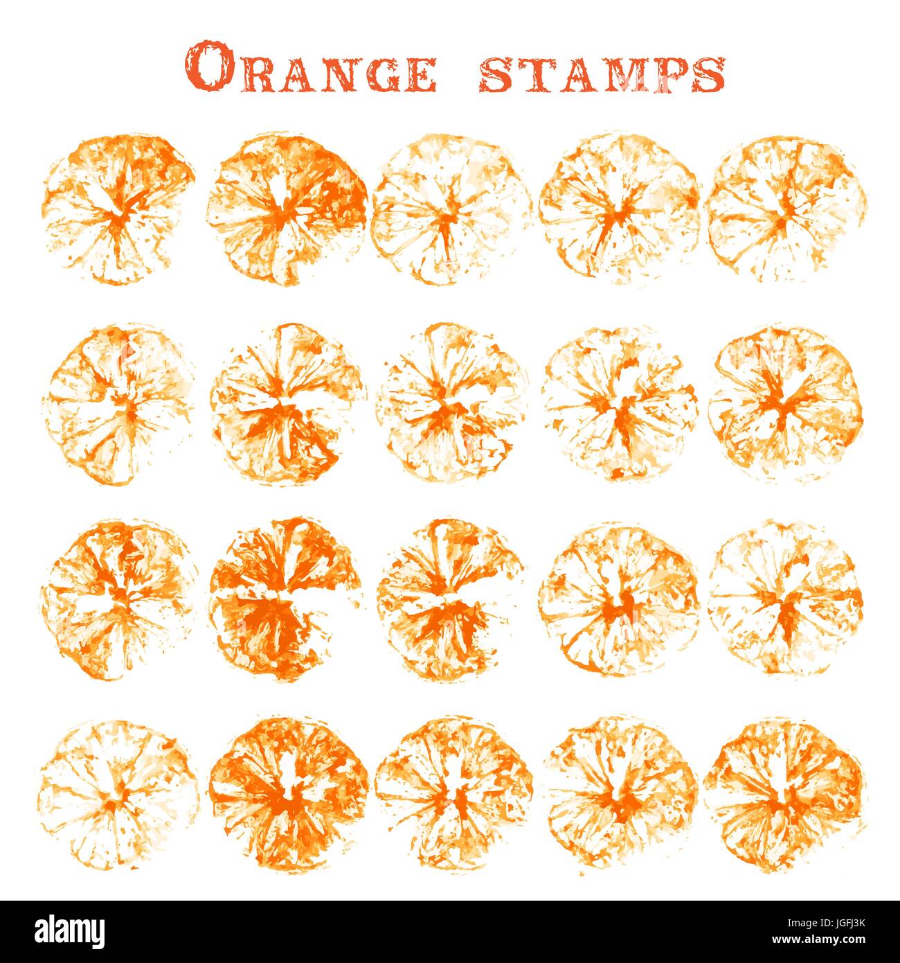 Set di frutta di arancia francobolli. Contrassegni arancioni su carta. Silhouette Orange isolati su sfondo bianco Illustrazione Vettoriale