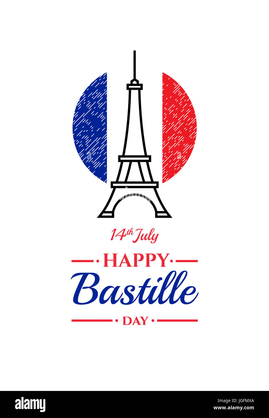 Felice il giorno della Bastiglia, 14 luglio. Festa nazionale francese, elemento di design adatto per banner o poster. Lineare illustrazione astratta della Torre Eiffel Foto Stock