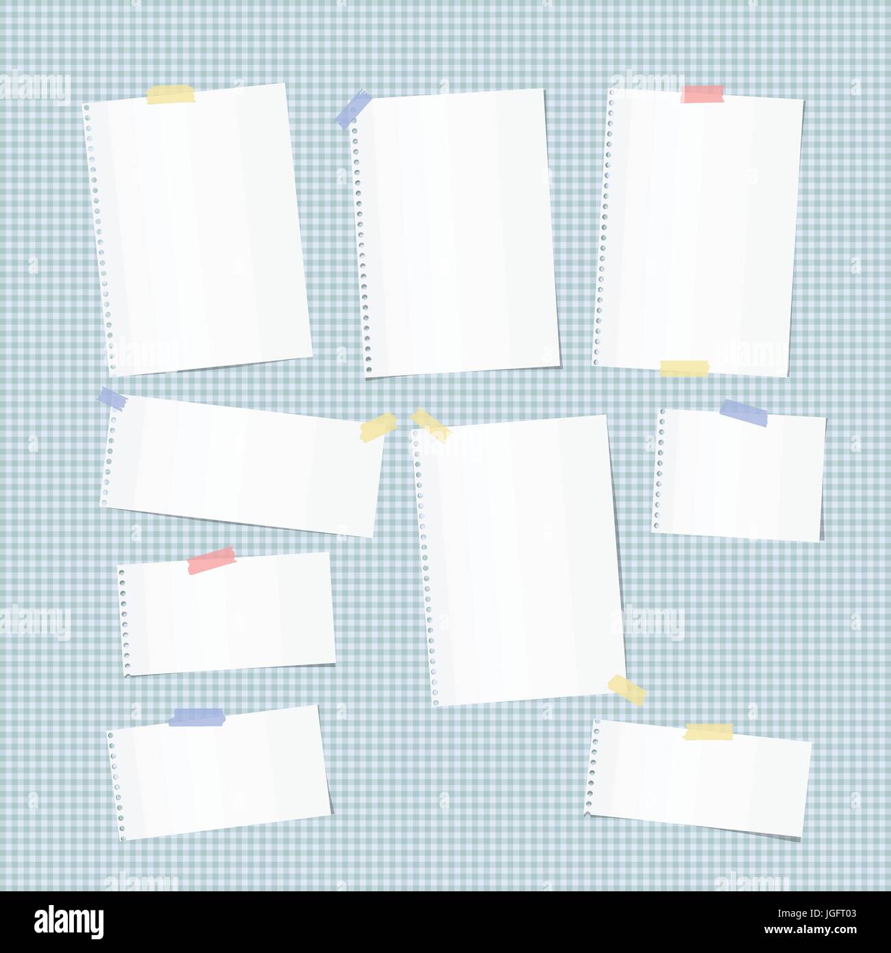 Nota bianco, notebook, copybook i fogli di carta sono bloccato sul quadrato blu sfondo blu. Illustrazione Vettoriale